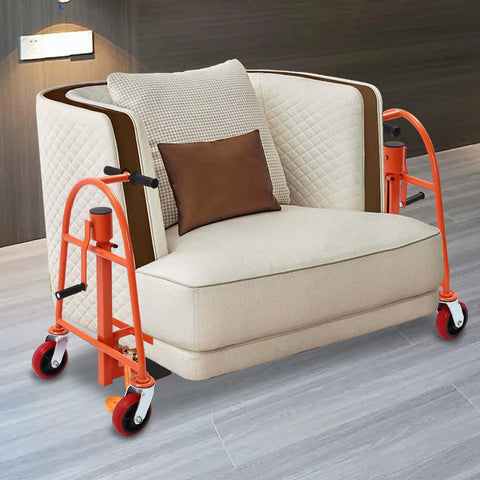 Beefy Heavy Duty Furniture Moving Dolly Set With Wheels, 12 Inch Lift Height, Dual Pack Of 2, Durable Steel Construction, Nylon Straps, Red, Ideal Machinery Mover For Sofas, Cabinets, Appliances And Heavy Objects. Red dolly set lifting a sofa