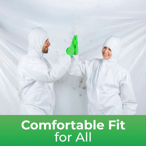 Top Shelf Heavy Duty Waterproof Disposable Coveralls With Hood Zippered Closure Elastic Cuffs Built Tough Full Body Shield Work Gear For The Grind 50 Pack worn by two people giving a high five in a clean environment.