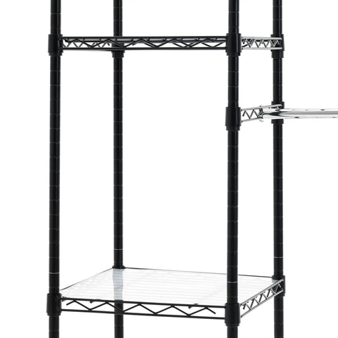 Close-up of the expandable metal hanging closet organizer featuring two adjustable rods and shelves made of tough steel wire in black.