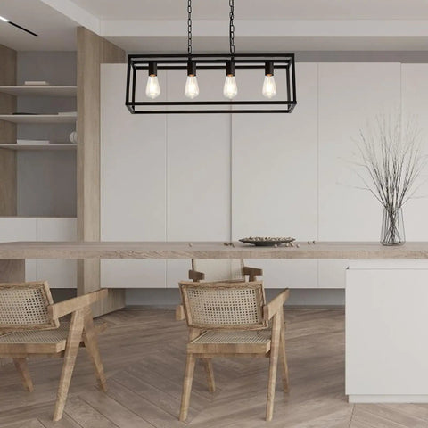 Modern Rectangle Black 4 Light Pendant For Dining Room And Kitchen Island Lighting Fixture With Adjustable Height Chains And Easy Install Sleek Linear Cage Farmhouse Ceiling Light over a dining table with chairs.