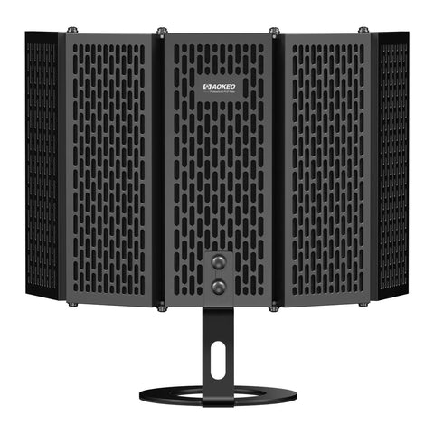 Foldable Microphone Isolation Shield With Triple Sound Insulation For Clear Vocals, desktop stand view