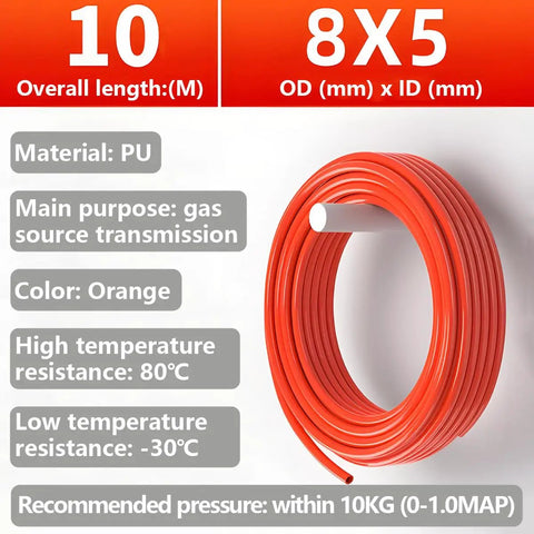 Orange Polyurethane Pneumatic Hose 10M For Air Compressor With Blue Pipe Cutter 8mm OD By 5mm ID Durable PU Tubing Gas Transmission