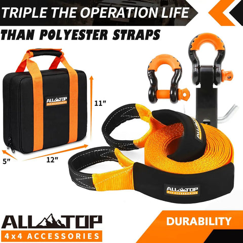 Nylon Recovery Kit With Hitch Receiver And Shackles For Off Road Recovery, 3 Inch By 20 Foot Snatch Strap 35000 Lb Break Strength