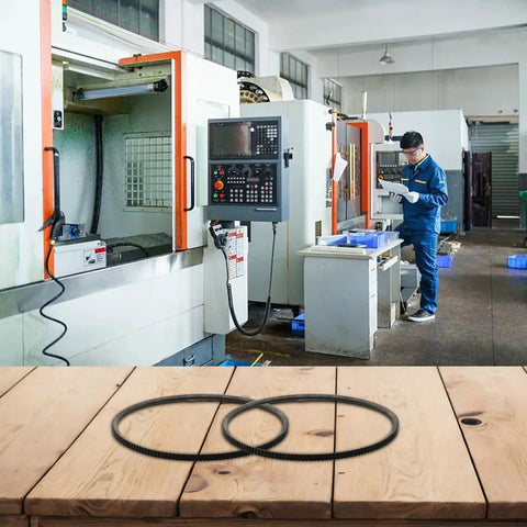 Two Pack 5M375 Lathe Drive Belt For Mini Metal Lathes Straight Swap Replacement built tough, shown on a workbench with machinery.