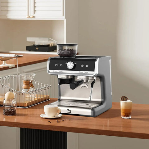 Semi Automatic Espresso Machine Featuring Built In Conical Burr Grinder And No Sweat Milk Frother Steam Wand With 20 Bar Pressure on kitchen counter.