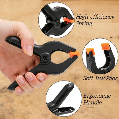 Heavy Duty Strap Band Clamp And Six Inch Quick Release Spring Bar Clamps Seven Piece Killer Combo for Woodwork DIY featuring ergonomic handle and soft jaw pads.