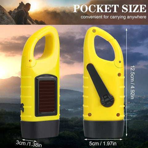 Yellow hand crank solar powered LED flashlight with dimensions, part of Six Pack Hand Crank Solar Powered Led Flashlights For Emergency Use.