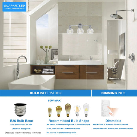 Bathroom with Three Light Chrome Vanity Light Fixture For Bathroom Powder Room Wall Sconce With Globe Glass Shades Modern Farmhouse Style Fits Single Or Double Vanities E26 Base Bulbs Not Included above a double sink vanity.