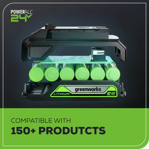 Built To Last 24V Brushless Hammer Drill Delivering Kick Ass 530 Inch Pound Torque And Two Speed Modes Includes 2.0 Amp Hour Lithium Ion Battery Alongside Quick Charge Kit, featuring greenworks lithium battery for compatibility.