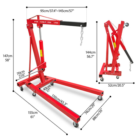 Heavy Hitting Folding Hydraulic Engine Hoist With 4000 Lbs Capacity And Adjustable Boom dimensions and features shown