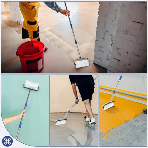 Person using Spiked Roller For Self Leveling With Extended Handle For Bubble Free Concrete And Epoxy Finishes, 9 Inch Roller With Telescoping Pole From 34 To 77 Inches on floor
