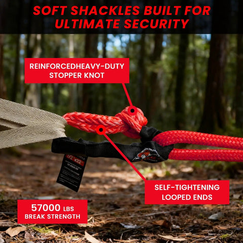 Red Half Inch By Twenty Two Inch Soft Shackle Rope for Offroad Recovery showing stopper knot and looped ends, 57000 lbs strength
