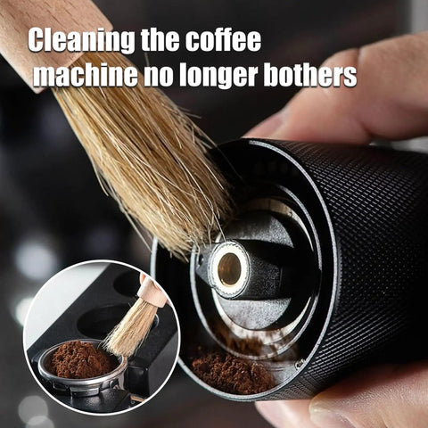 Natural Wood Nylon Coffee Brush Set, 13-Piece Espresso Machine Cleaner Kit cleaning grinder with bristles and ground coffee.