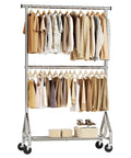 Kickass Durability Double Rod Clothes Rack holding various clothes on hangers, freestanding two-tier organizer in sleek silver.