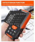 Hella Precise Green Laser Measure With 328 Foot Range And Integrated Electronic Level, showing display and controls for construction use.