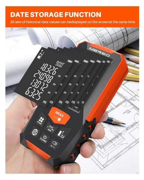 Hella Precise Green Laser Measure With 328 Foot Range And Integrated Electronic Level, showing display and controls for construction use.