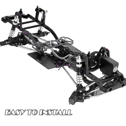 Carbon Fiber LCG Chassis Kit For 1x10 RC Crawler SCX10 SCX10 II Capra 1.9 UTB And Other DIY Builds With Beefed Up Front Mounted Transmission And Lightweight Strength Upgrade, shown fully assembled.