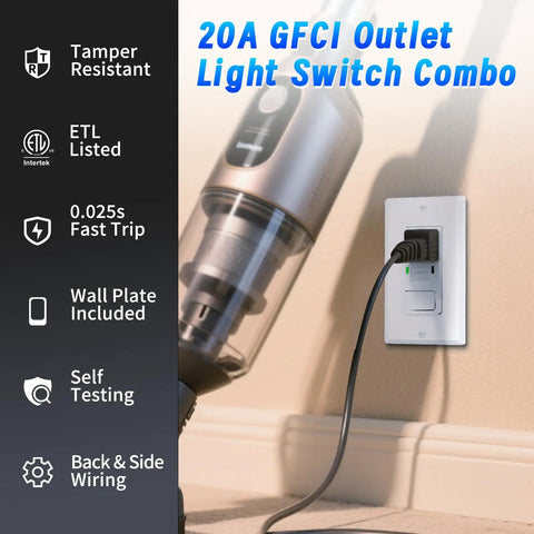 Convenient Dual Function 20 Amp Gfci Outlet With Light Switch Combo Self Test Tamper Resistant Gfi Receptacle White 20 Pack No Sweat Install Built Tough For Home And Work Sites, wall-mounted with a vacuum plugged in.