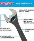 Heavy Duty 18 Inch Adjustable Wrench With Wide Jaw Capacity For Big Nuts And Bolts Long Jaws For Better Grip In Tight Spaces Inch and Millimeter Scales