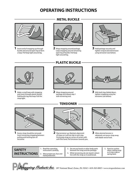 Operating instructions for Badass Durable One Half Inch Polypropylene Strapping Kit, metal and plastic buckle usage guide.