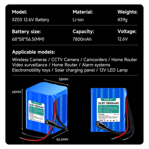 12V Rechargeable Lithium Battery 7800mAh With Charger And Bare Leads For RC Car RC Boat RC Plane LED Light Strip CCTV Camera Solar And Wind Energy DIY Projects And More, showing battery dimensions and applicable models on a black background.