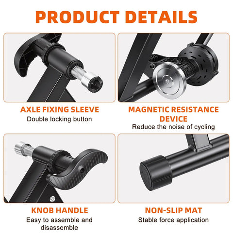 Close-up of Foldable Magnetic Indoor Bike Trainer components, including axle sleeve, resistance device, knob handle, and non-slip mat.