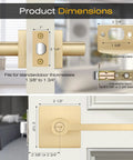 Dimensions of six pack gold door handles with satin brass levers for interior privacy doors, thumb turn lock and emergency release.