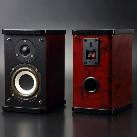 Wooden speakers with black front panel highlighting four way spring terminal clip push release connector plate on back