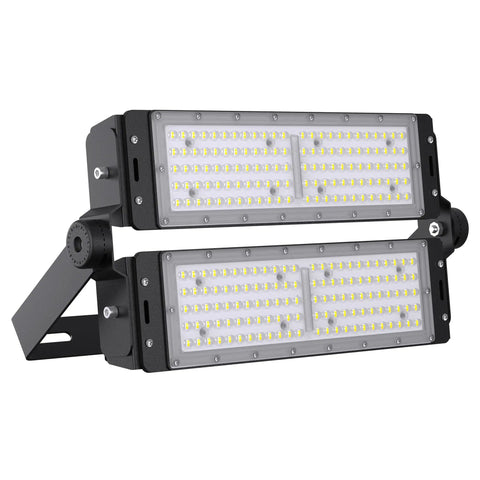 Hella Bright 150W LED Flood Light Outdoor With 13500 Lumens, showing adjustable heads and sturdy aluminum frame