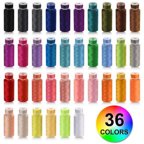 Real Deal Polyester Sewing Thread Kit With 36 Vibrant Shades And Prewound Bobbins show 36 colors of thread spools arranged neatly.