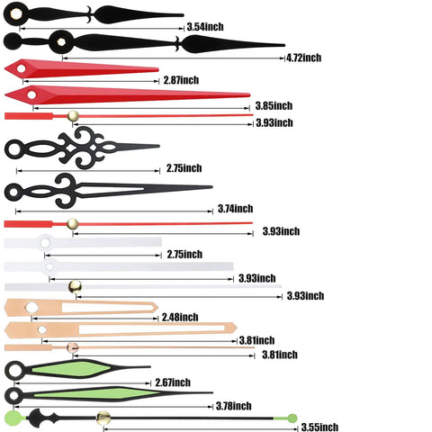 Various clock hands from Six Pack Silent Clock Movement Kit With Long Shaft 13mm Quartz Mechanisms, showcasing diverse sizes and colors.