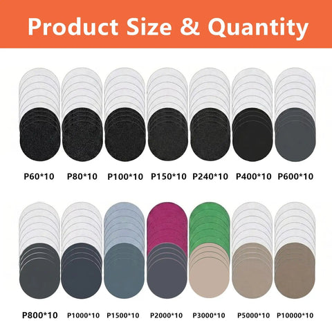 Assorted grit sandpaper discs for 3 Inch Sanding Disc Drill Polishing Kit For Headlight Restoration with P60 to P10000 range.