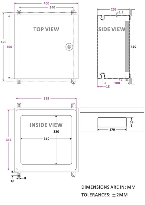Technical drawing of IP65 Weatherproof Metal Electrical Enclosure Box For Wall Mounting, dimensions in mm shown.