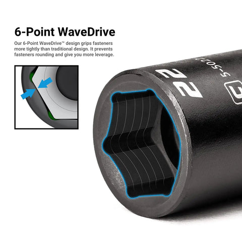Close-up of 22mm socket with 6-point WaveDrive grip from Stubby One Half Inch Drive Impact Socket Set For Metric Ten To Twenty Four Millimeter Fifteen Piece Twenty Percent Shorter For Tight Spots Premium Chrome Molybdenum Steel Heat Treated With Manganese Phosphate Coating For Torque And Lasting Durability.