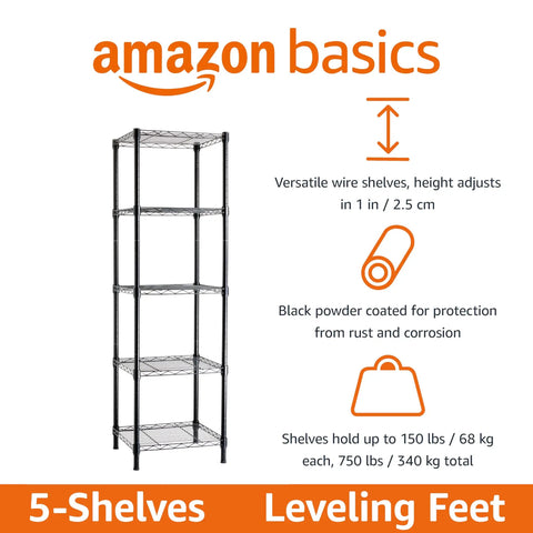 Heavy Duty Five Shelf Tower Adjustable Storage Rack For Tight Squeezes And Garages Rustproof Steel Organizer with black wire shelves.
