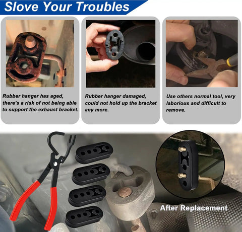 Universal Exhaust Hanger Removal Tool And 4 Holes Rubber Kit with pliers and rubber hangers beside aged exhaust hanger.