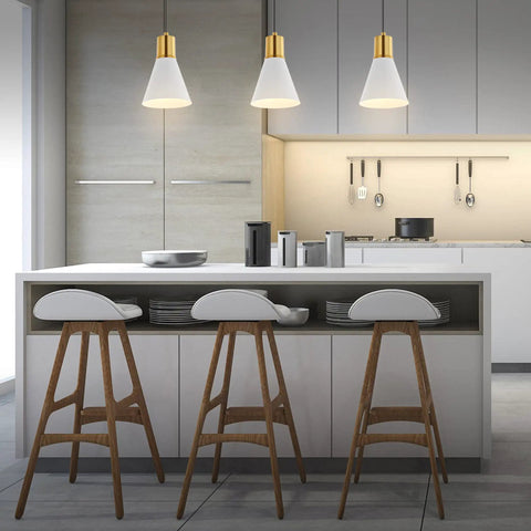 Mid Century Modern Iron LED Pendant Light With Sleek Black Metal Shade above kitchen island with white cone shades