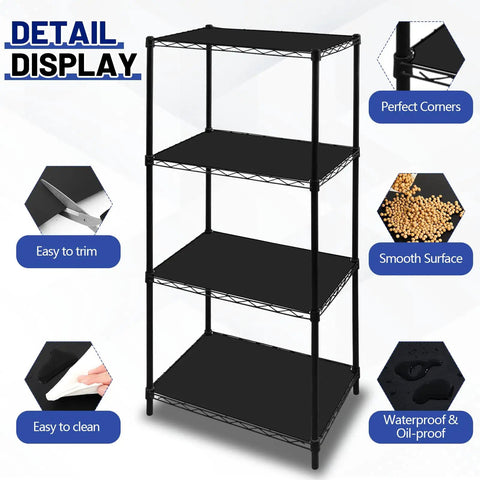Premium Pre Cut Wire Shelf Liners Heavy Duty Non Slip Plastic Matting For Kitchen Pantry Locker Storage 8 Pack 11.8 X 16.6 Inches displayed on a black metal shelf.
