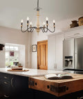 French Country Farmhouse Six Light Chandelier With Wood Bead Accents For Dining Room Living Room And Bedroom, Distressed White Wood Finish, 29.5 Inch Diameter, Adjustable Chain Up To 59.1 Inches, A True Statement Piece For Cozy Vibe Homes in kitchen setting