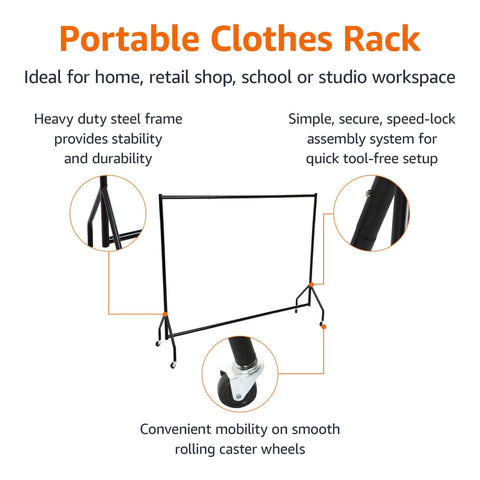 Heavy Duty Rolling Garment Rack With Solid Steel Frame And Smooth Gliding Casters Keeps Your Fit Stacked And Ready Without Any Fuss For Home Or Workshop Spaces Featuring Easy Peasy Assembly And Sleek Black Finish, featuring steel frame and rolling caster wheels.