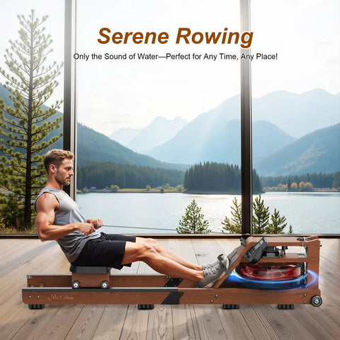 Person using Water Rowing Machine For Home Gym With Wooden Frame And 400 Lbs Capacity, Bluetooth App Connectivity, Comfortable Seat.