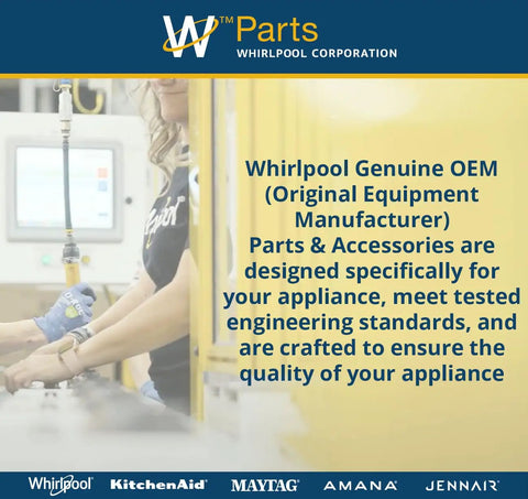 Whirlpool OEM parts packaging and technician in factory setting