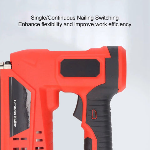 Cordless Brad Nailer And Staple Gun Combo Battery Powered Electric Nail Tool With Dual Fire Modes side view showing nailing switch.