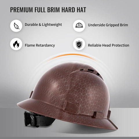 Full Brim Vented Hard Hat For The Job Site, Heavy Duty Construction Helmet With 6 Point Suspension, OSHA Approved Safety Gear, Fiberglass Shell For All Day Comfort, Brown, side angle