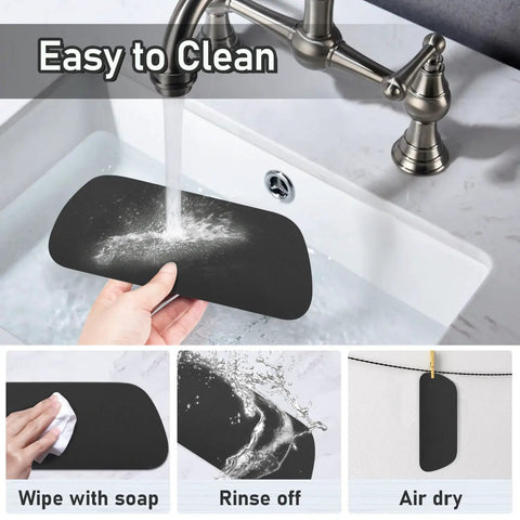 Refrigerator Drip Tray Catcher 2 Pack Cuttable Mats being cleaned in a sink, showing wash, rinse, and air dry steps.