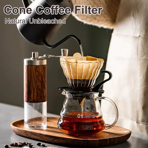 200 Count Unbleached Cone Coffee Filters For Drip And Pour Over in use with glass carafe and kettle pouring, easy cleanup.