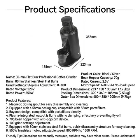Professional 80mm Flat Burr Coffee Grinder With Heavy Duty Stainless Steel Plates For Bang For Your Buck Precision Grinding specifications