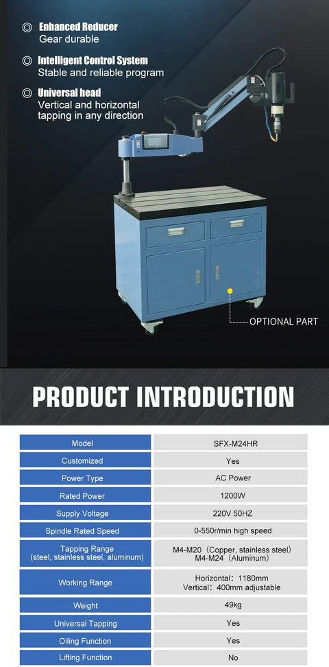 Versatile Electric Tapping Machine With Auto Oil Spraying System And Flexible 360 Degree Head on a blue workbench with features highlighted.