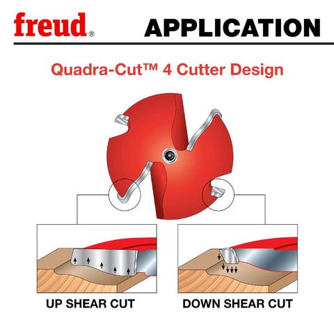 Diagram showing Freud Quadra-Cut 4 cutter design with up and down shear cuts for Pro-Grade Raised Panel Router Bit For Cabinet Doors And Drawer Fronts, 3-1/2 Inch Diameter, 1/2 Inch Shank, 7/32 Inch Height, 25/32 Inch Radius, Splinter-Free Edge For Hardwood And Softwood, Perfect For Paneling And Decorative DIY Projects.