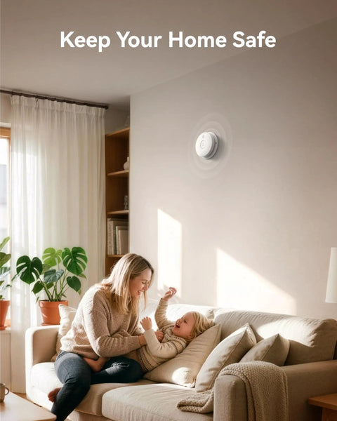 Heavy Duty Photoelectric Smoke Detector And Hardwired Fire Alarm With Interconnected Design and Reliable Battery Backup For Hassle Free Home Safety And Rapid Smoldering Fire Alerts In A Six Pack mounted on a wall in a cozy living room.
